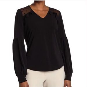 Adrianna Papell Dotted Mesh Ruffle Yoke Top Black Sheer Upper Bishop Puff Sz M